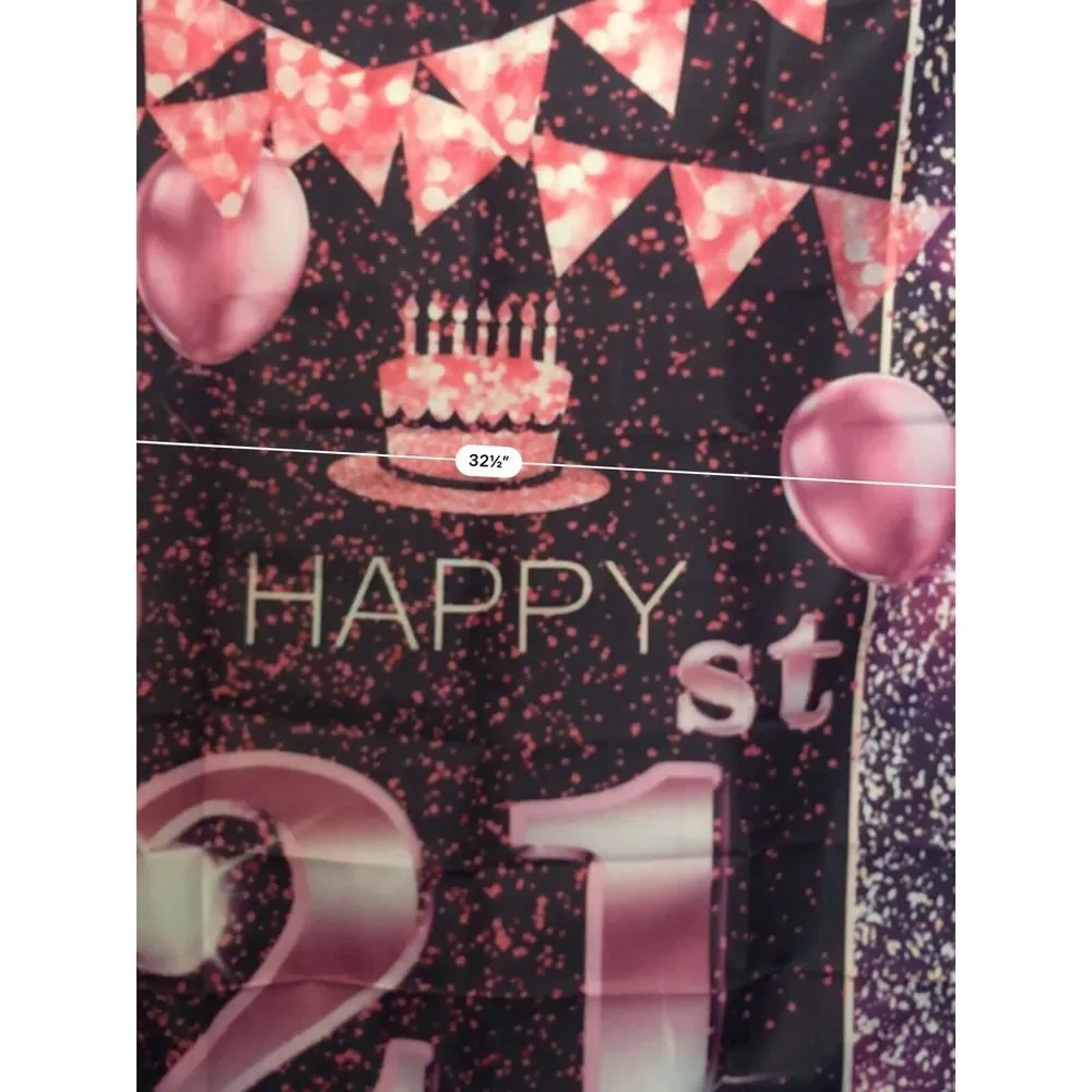 Happy 21st Birthday Banner With Pink Balloons & Cake Print -‎ Party Decoration